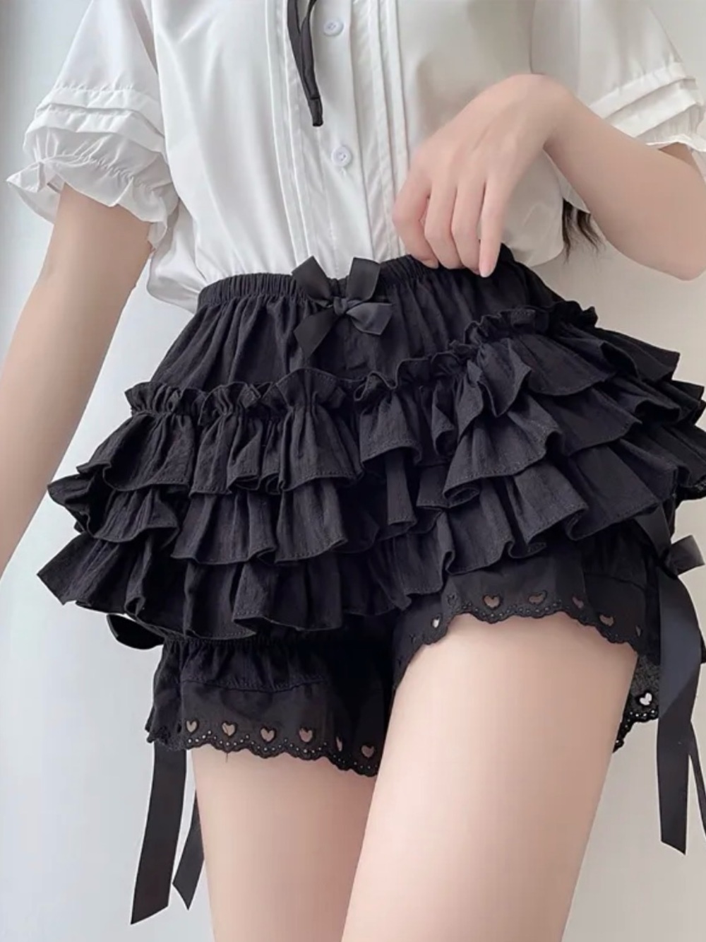YesStyle Black Ruffle Lace-Trim High Waist Shorts